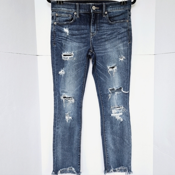 Express Wmns Skinny Ankle Mid-rise Stretch Ripped Raw-Hem Medium Wash Jeans Sz4R - Picture 3 of 12